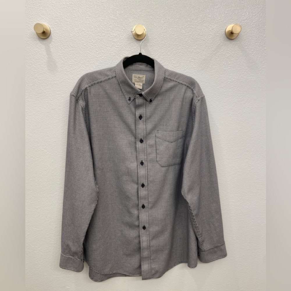 LL Bean Classic Flannel Black Grey Men's Shirt Size Large Houndstooth Preppy